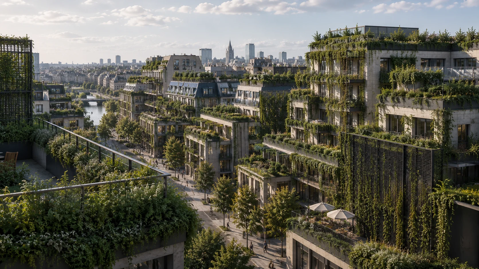 Îlot urbain végétalisé, vue aérienne sur Paris