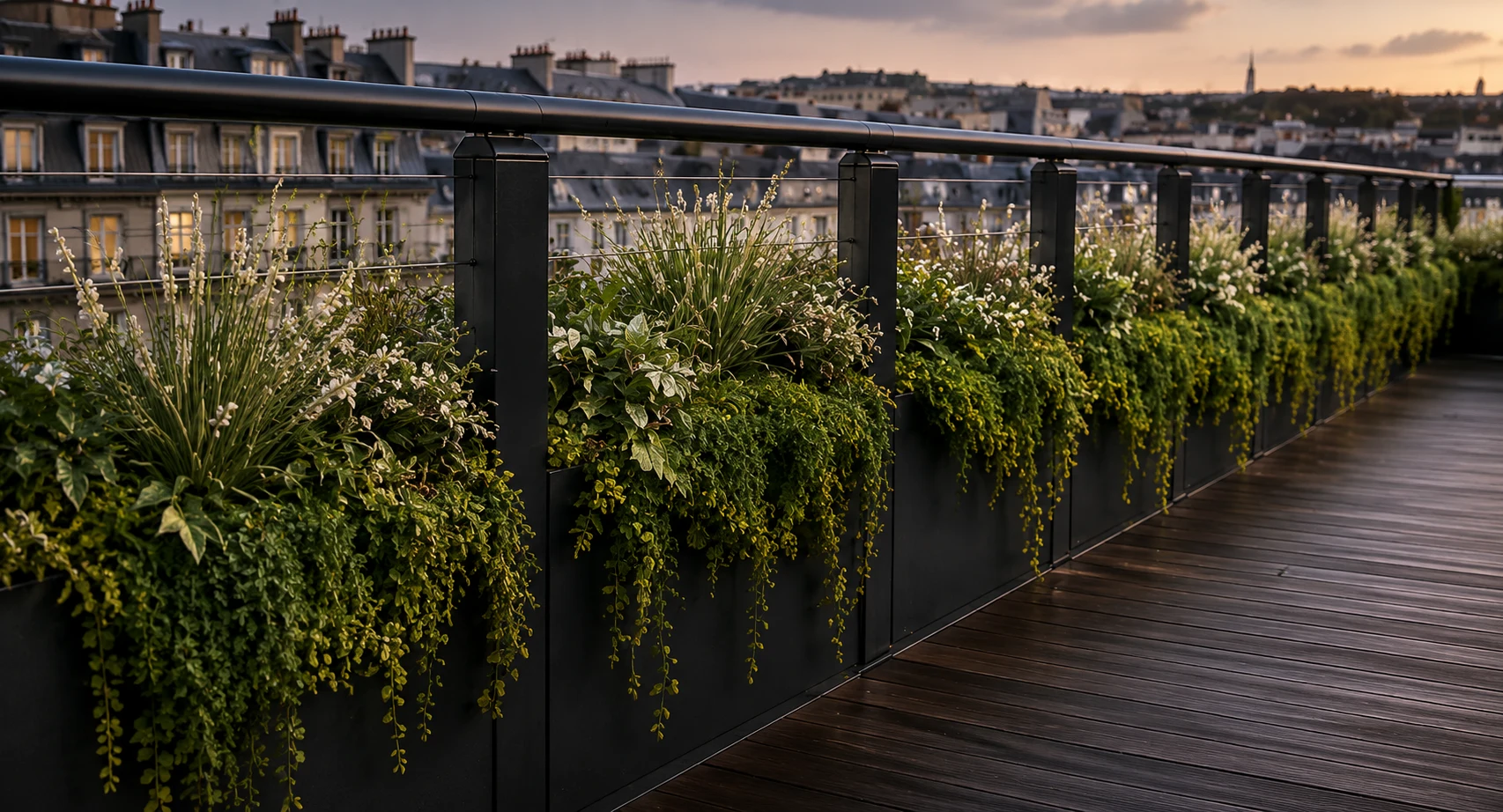 Terrasse végétalisée au crépuscule, vue sur Paris