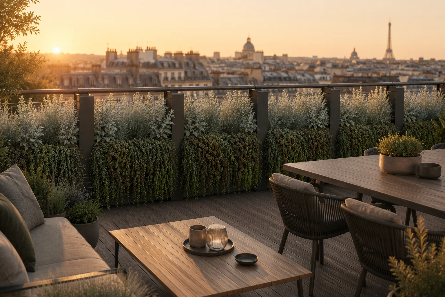 Salon de terrasse végétalisé au coucher du soleil