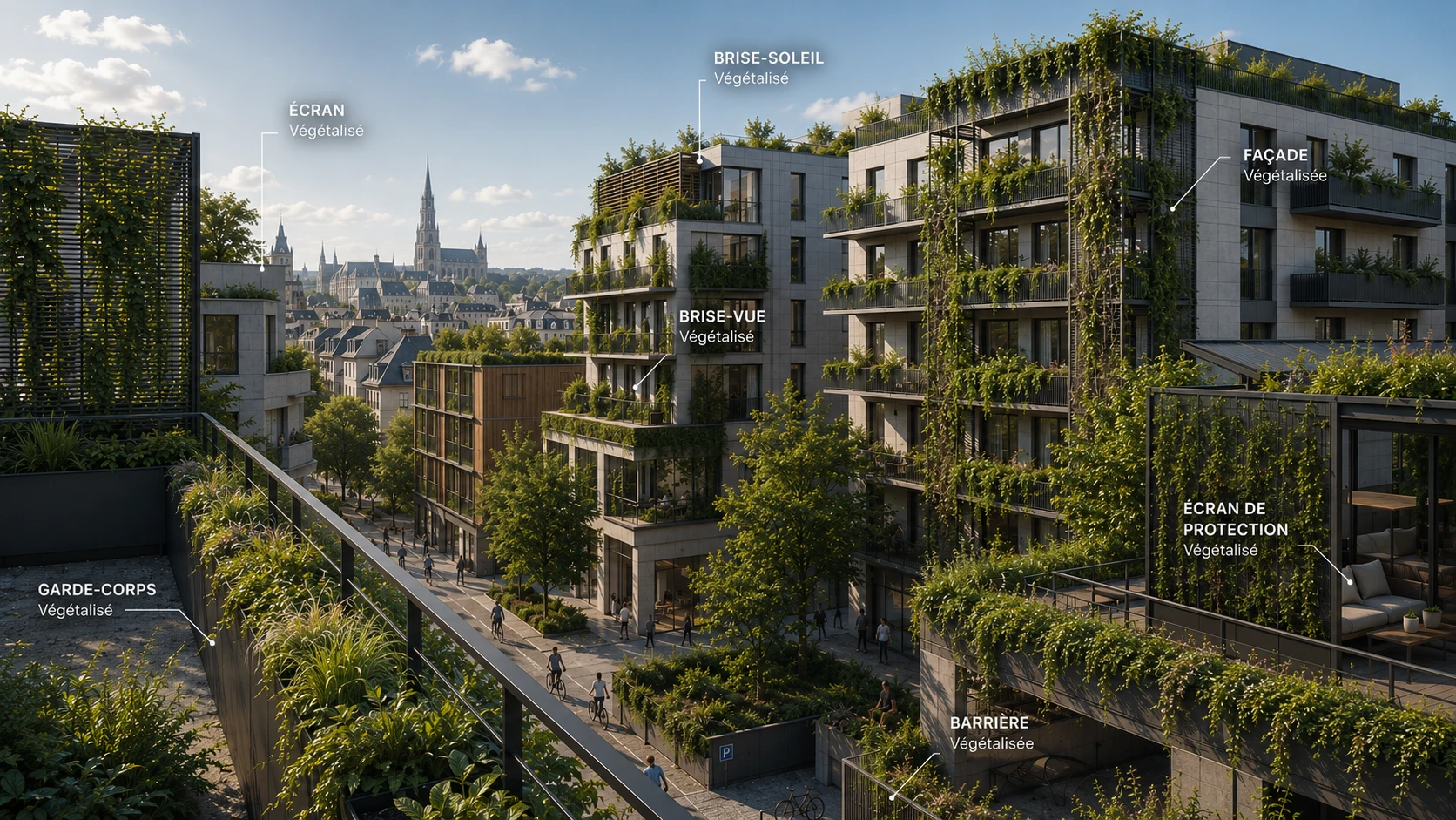 Îlot urbain avec façades, garde-corps, brise-soleil et écrans végétalisés
